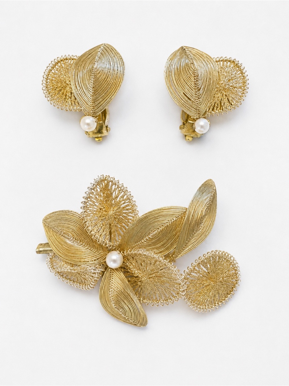 Vintage Signed Germany Brooch & Clip-On Earring Set Gold-Tone Wire‎ Filigree